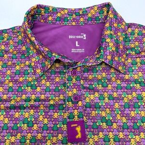 Bogey Bros Mens Large Mardi Gras Fleur De Lis Golf Polo Shirt Purple Green Gold